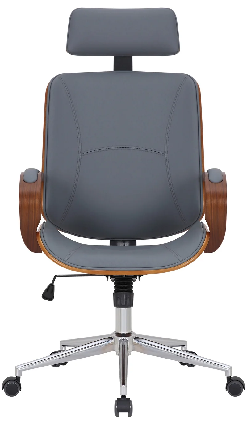 Fauteuil de bureau rétro-chic – Confort et style intemporel assise en PVC gris cadre en métal et bois couleur noyer 10_0007044