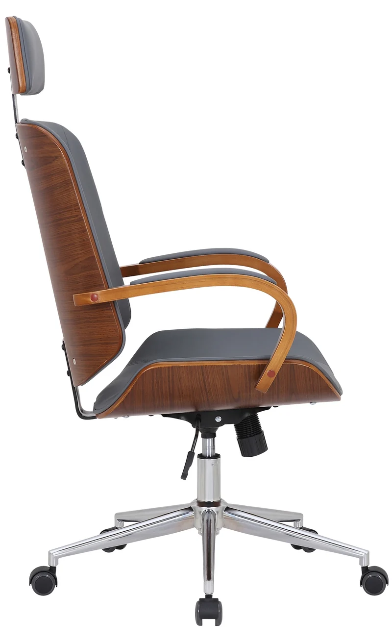 Fauteuil de bureau rétro-chic – Confort et style intemporel assise en PVC gris cadre en métal et bois couleur noyer 10_0007044