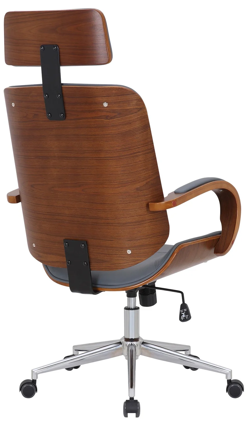 Fauteuil de bureau rétro-chic – Confort et style intemporel assise en PVC gris cadre en métal et bois couleur noyer 10_0007044