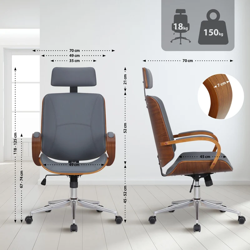 Fauteuil de bureau rétro-chic – Confort et style intemporel assise en PVC gris cadre en métal et bois couleur noyer 10_0007044