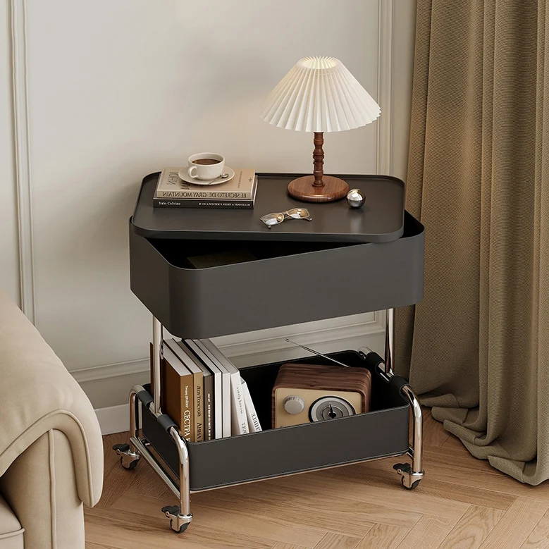 Contemporary Creative Medium-Density Fiberboard Iron Faux Leather Rounded Square Mobile End Table With 2 Tiers For Living Room