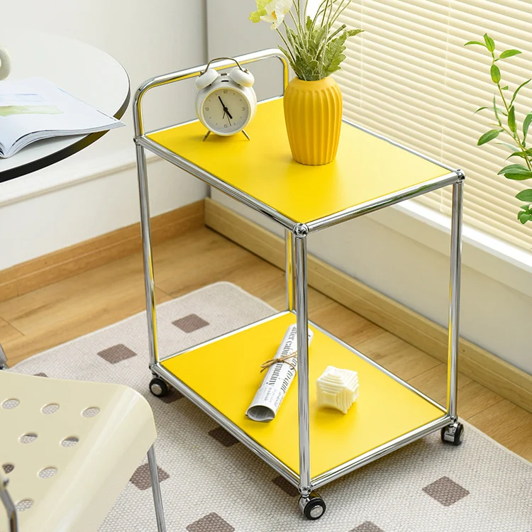 Modern Minimalist High-Carbon Steel Metal Rectangular Mobile End Table With 2 Tiers For Living Room