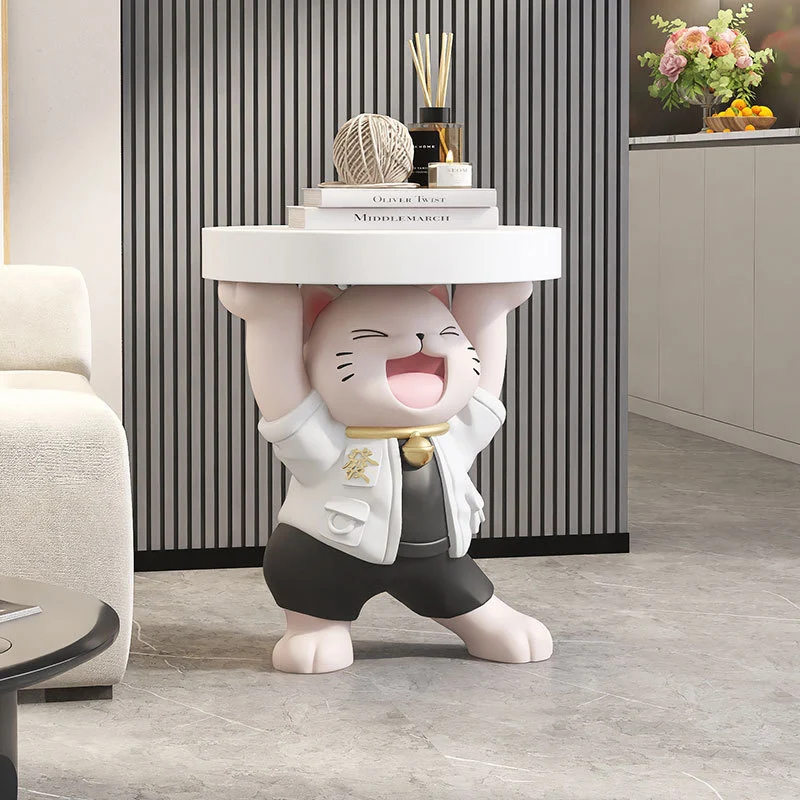 Modern Art Deco Resin Lucky Cat Sculpture End Table With 1 Tier For Living Room
