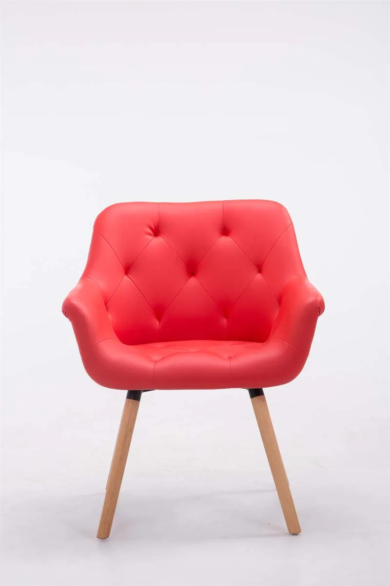 Chaise visiteur bureau salon assise capitonné en PVC rouge pieds en bois clair 10_0008491