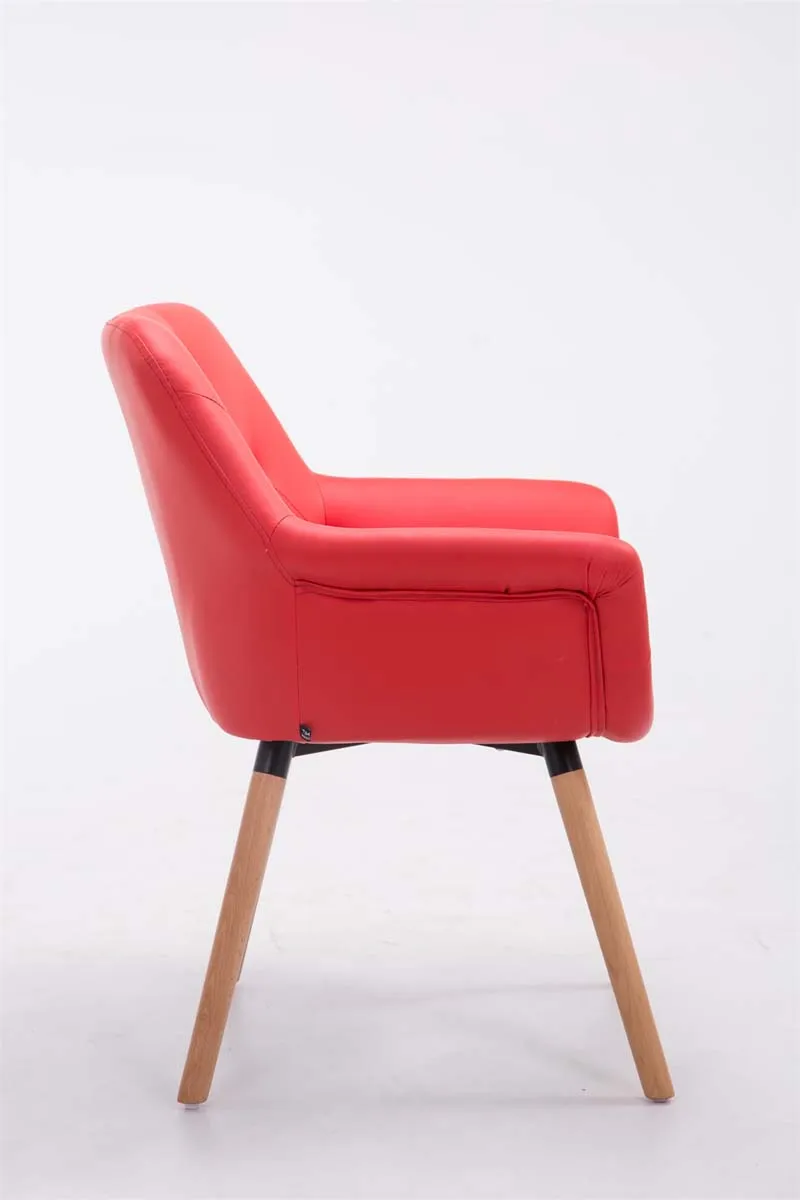 Chaise visiteur bureau salon assise capitonné en PVC rouge pieds en bois clair 10_0008491