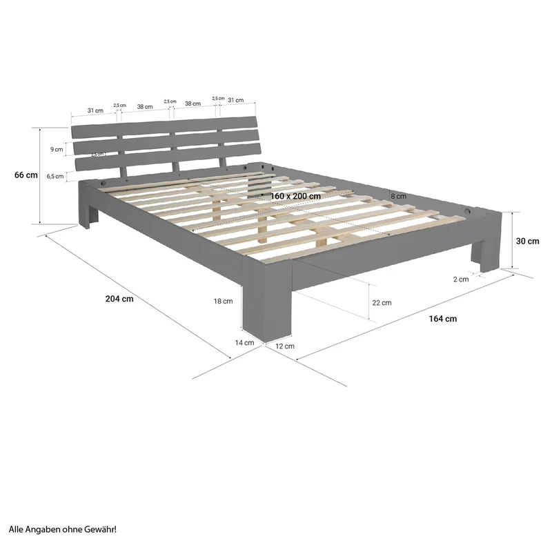 Lit double 2 personnes pour adulte avec sommier à lattes en bois gris 160x 200 cm LIT06210