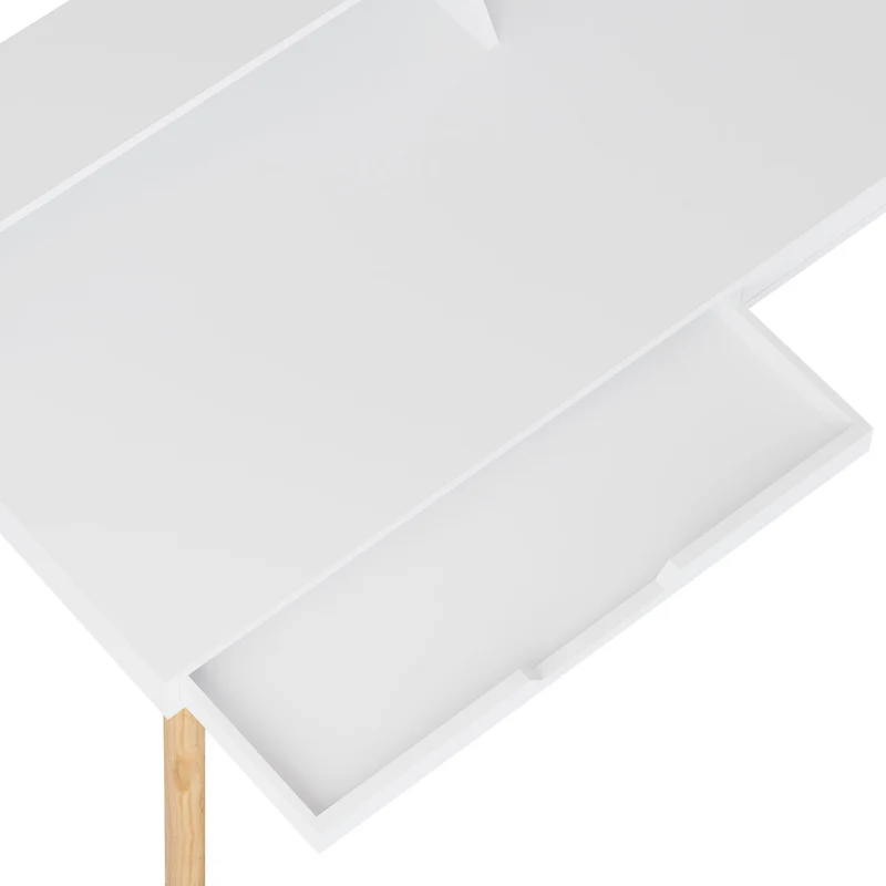 Bureau moderne blanc avec tiroirs et étagères – Pieds en chêne naturel 140 cm 10_0009191