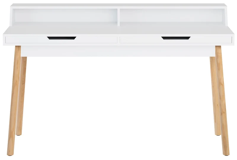 Bureau moderne blanc avec tiroirs et étagères – Pieds en chêne naturel 140 cm 10_0009191