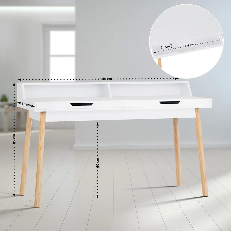Bureau moderne blanc avec tiroirs et étagères – Pieds en chêne naturel 140 cm 10_0009191
