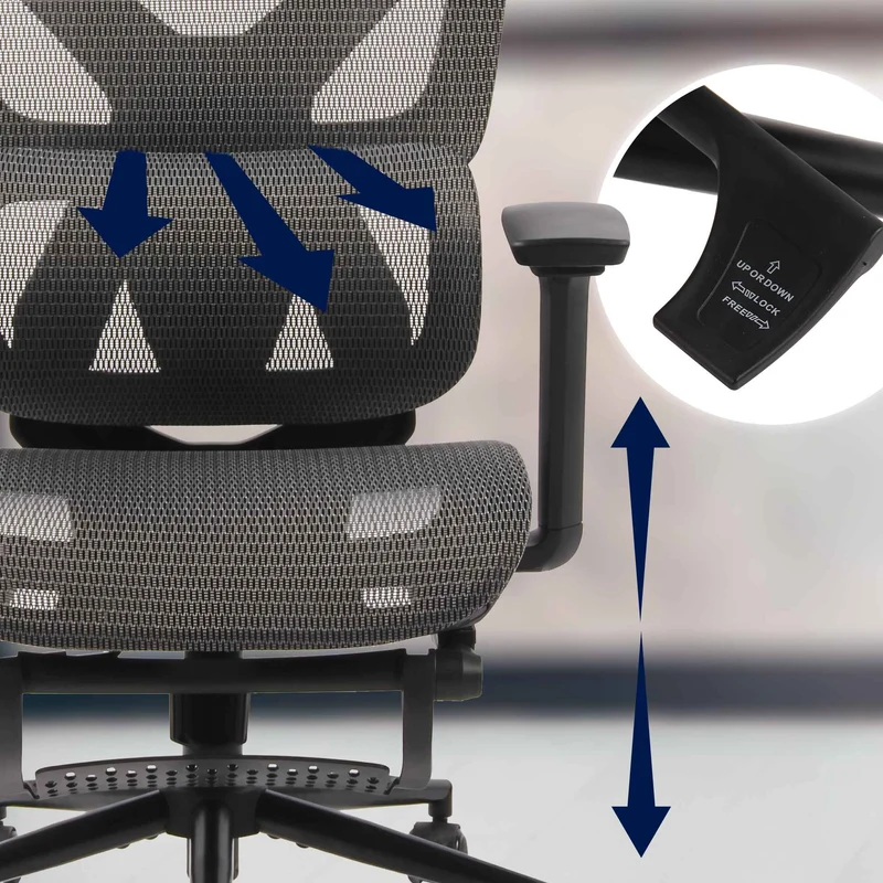 Chaise de bureau ergonomique avec maille respirante gris appui-tête réglable et repose-pieds intégré 10_0007068