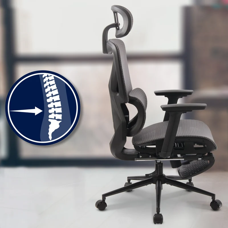 Chaise de bureau ergonomique avec maille respirante gris appui-tête réglable et repose-pieds intégré 10_0007068