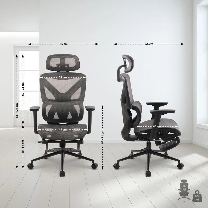Chaise de bureau ergonomique avec maille respirante gris appui-tête réglable et repose-pieds intégré 10_0007068