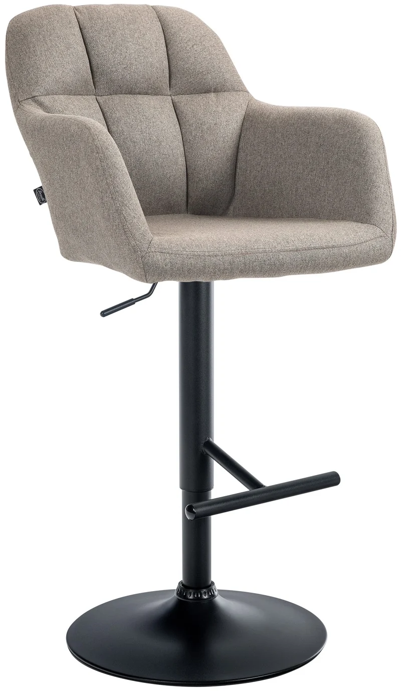 Tabouret de bar chaise haute x1 fonction rotation 360° en tissu taupe avec coutures décoratives piètement métal noir 10_0005278