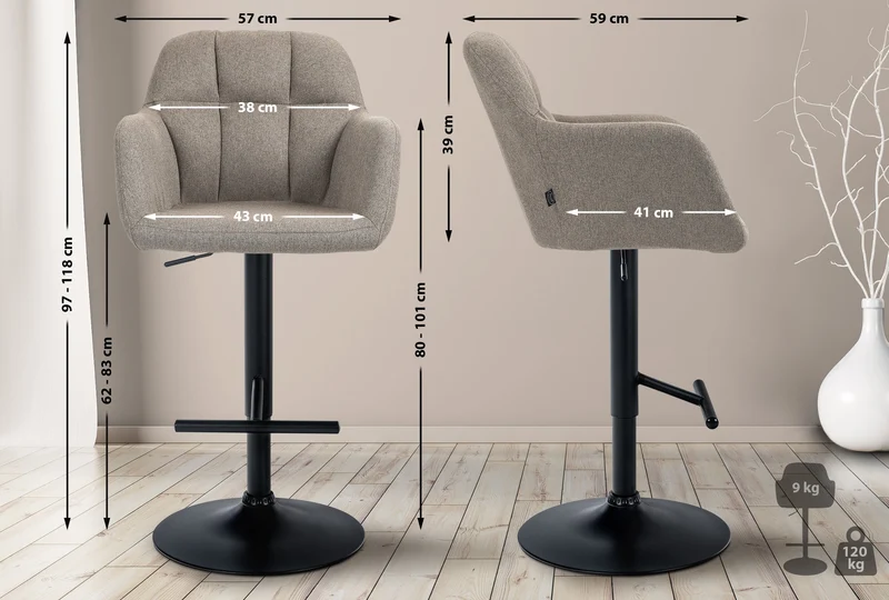 Tabouret de bar chaise haute x1 fonction rotation 360° en tissu taupe avec coutures décoratives piètement métal noir 10_0005278
