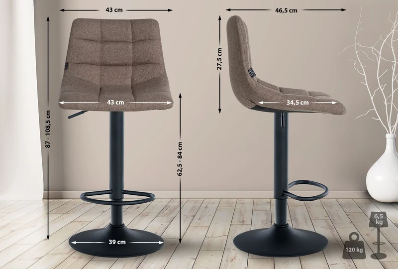Tabouret de bar x1 moderne en tissu taupe motif matelassé piètement trompette métal noir 10_0005645
