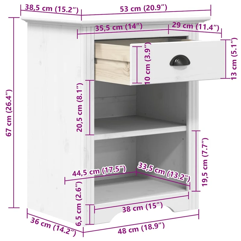 Table de chevet 1 tiroir et 2 compartiments ouverts 53 x 38,5 x 67 cm bois de pin et MDF blanc DEC033527