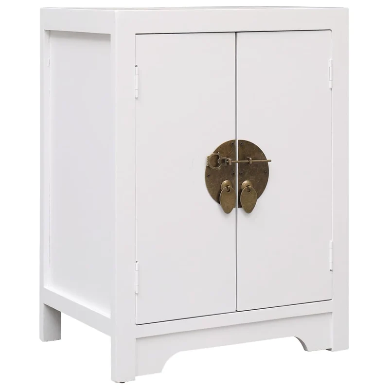 Table de chevet asiatique blanc avec 2 portes – 38 x 28 x 52 cm Meuble d’appoint style chinois – Bois Paulownia et MDF DEC033318