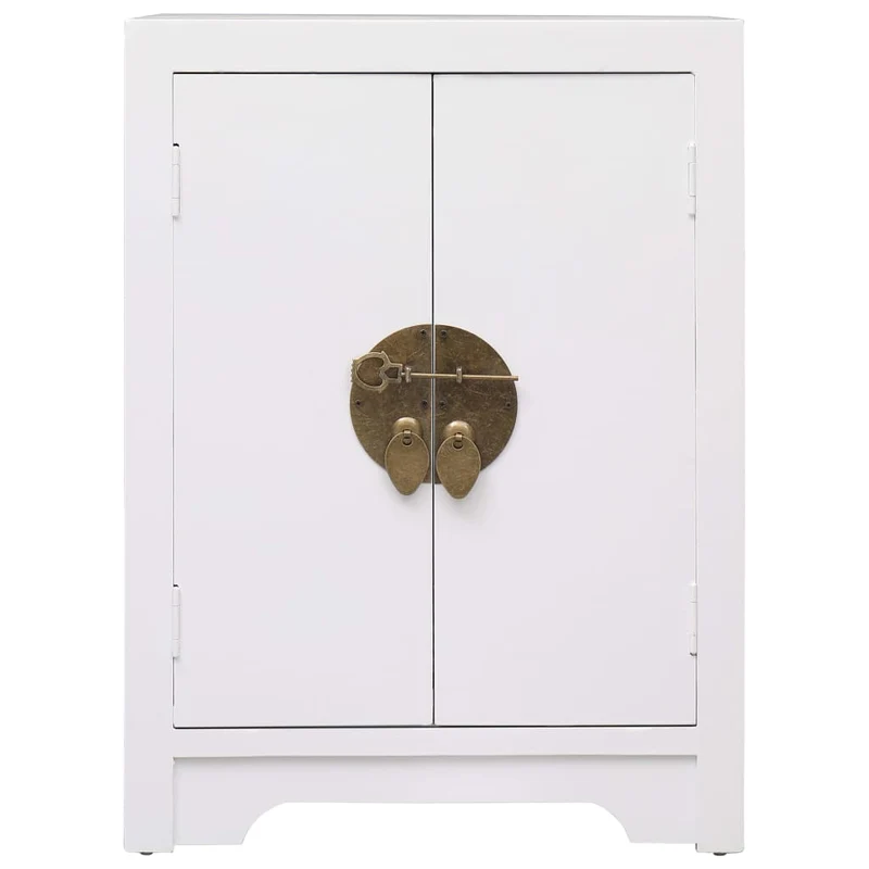 Table de chevet asiatique blanc avec 2 portes – 38 x 28 x 52 cm Meuble d’appoint style chinois – Bois Paulownia et MDF DEC033318