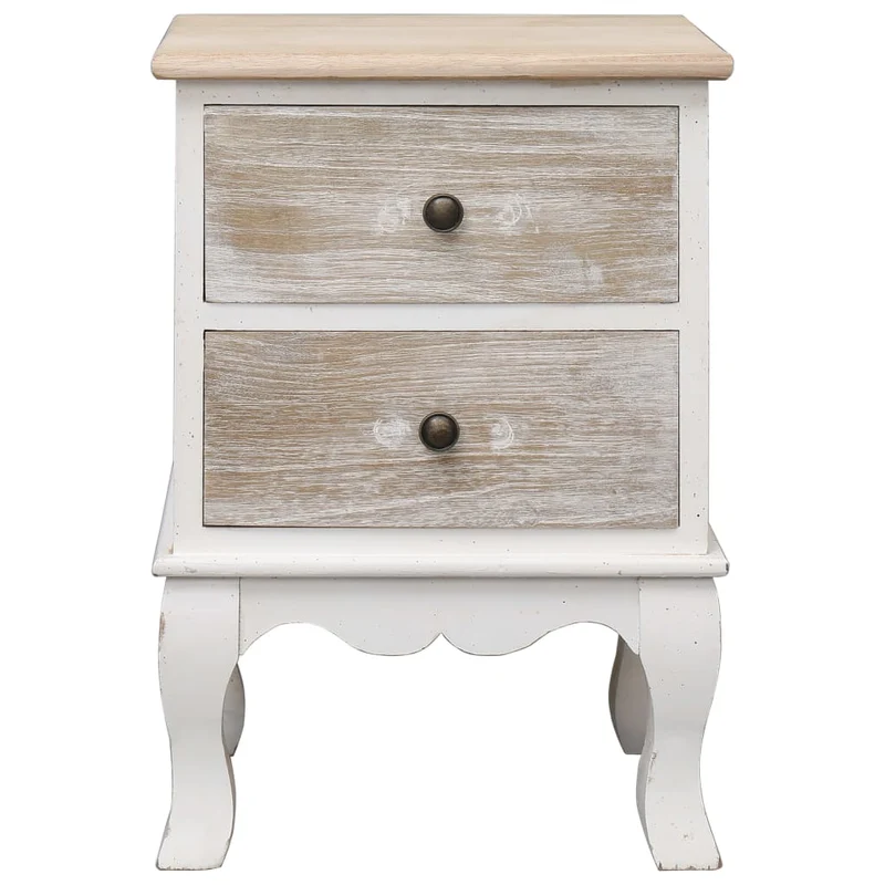 Table de chevet vintage en bois de paulownia avec 2 tiroirs – Blanc et bois – 35 x 30 x 50 cm DEC032901