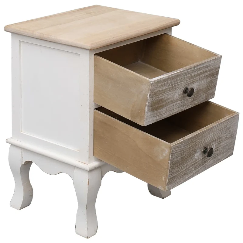 Table de chevet vintage en bois de paulownia avec 2 tiroirs – Blanc et bois – 35 x 30 x 50 cm DEC032901