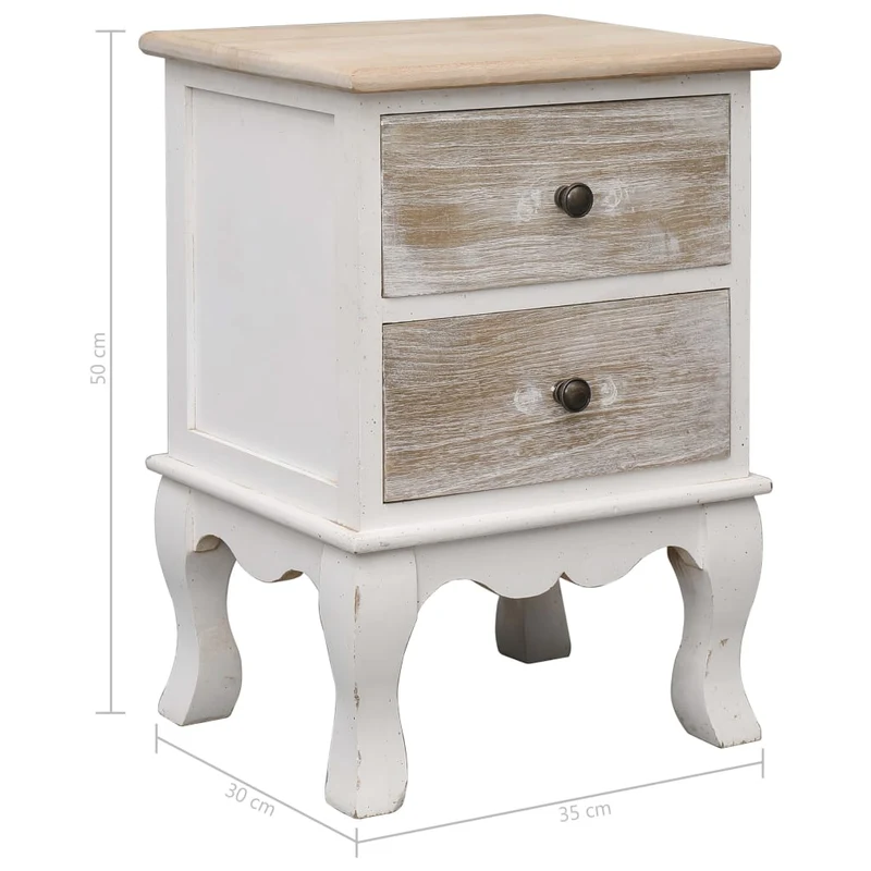 Table de chevet vintage en bois de paulownia avec 2 tiroirs – Blanc et bois – 35 x 30 x 50 cm DEC032901