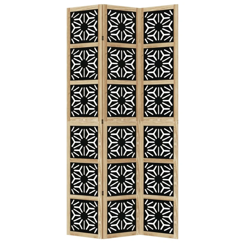 Paravent séparateur de pièce cloison 3 panneaux design géométrique en bois de paulownia massif marron et noir DEC030792