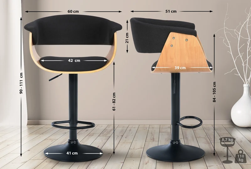 Tabouret de bar design moderne siège réglable en hauteur et pivotant en tissu noir coque en bois et métal noir 10_0005454
