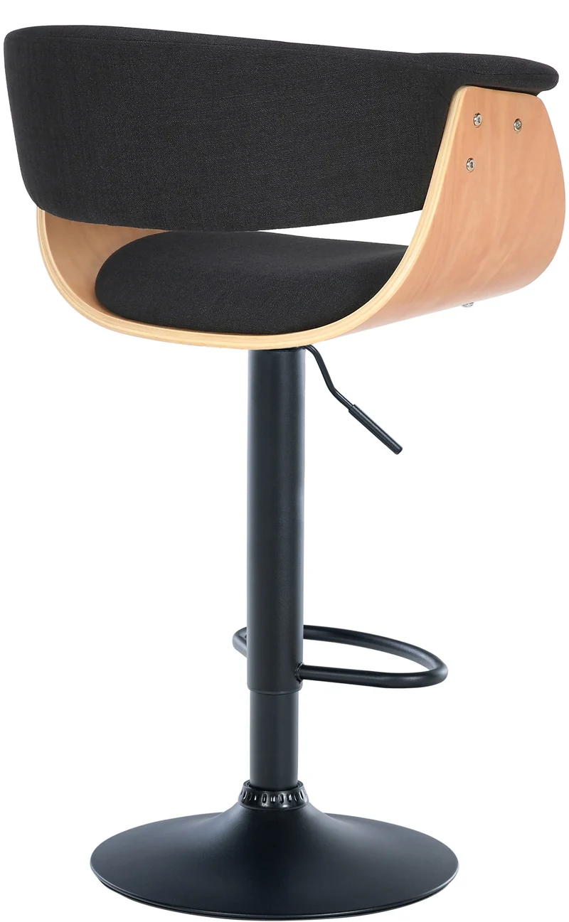 Tabouret de bar design moderne siège réglable en hauteur et pivotant en tissu noir coque en bois et métal noir 10_0005454