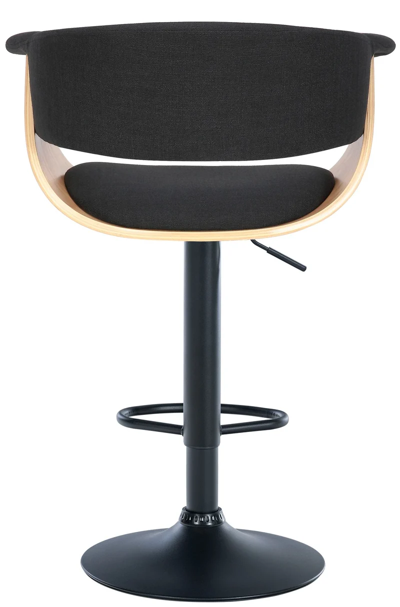 Tabouret de bar design moderne siège réglable en hauteur et pivotant en tissu noir coque en bois et métal noir 10_0005454
