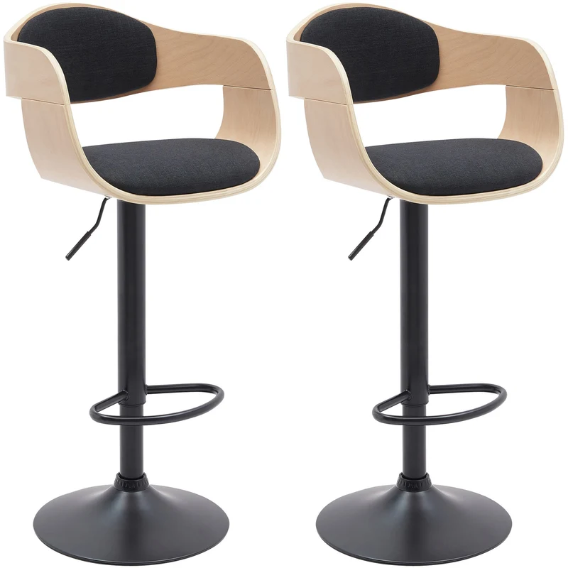 Set de 2 tabourets de bar chaises hautes pieds trompette en métal noir assise en bois clair et tissu noir TDB10762