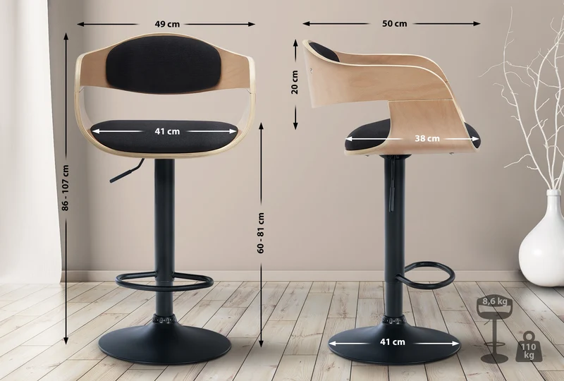 Set de 2 tabourets de bar chaises hautes pieds trompette en métal noir assise en bois clair et tissu noir TDB10762