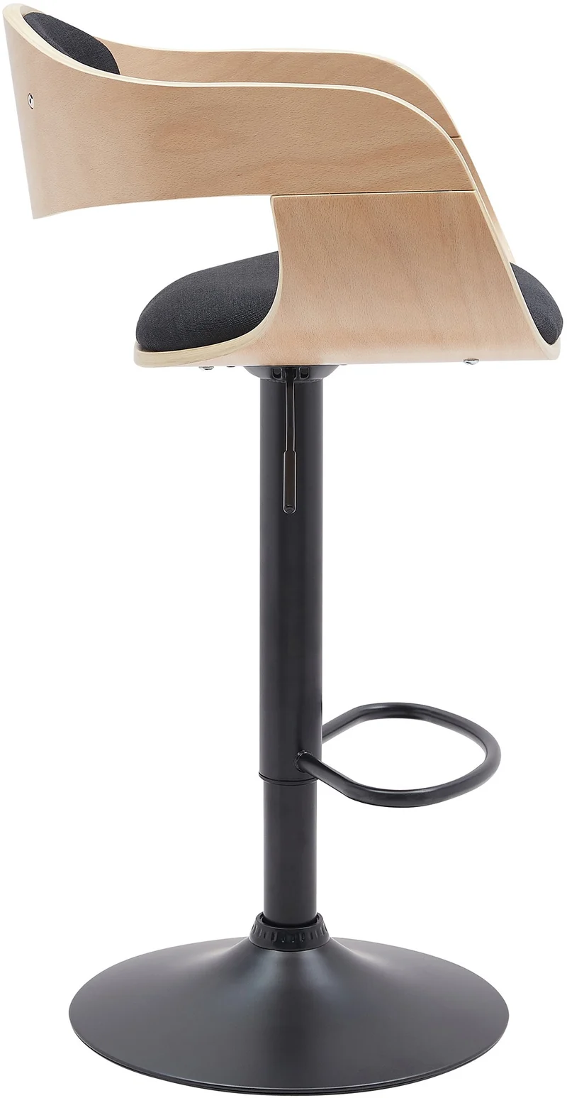 Set de 2 tabourets de bar chaises hautes pieds trompette en métal noir assise en bois clair et tissu noir TDB10762