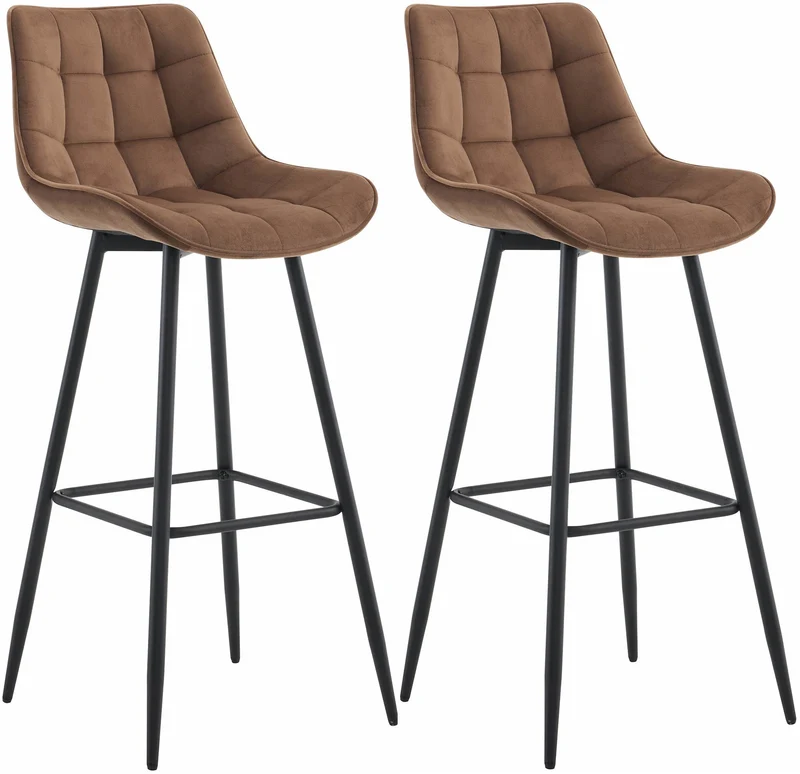 Lot de 2 tabourets de bar coutures décoratives carrées avec repose-pieds en velours marron quatre pieds en métal 10_0006761
