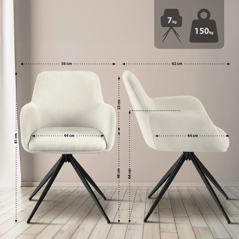 Chaise contemporaine de salle à manger x1 en velours côtelé crème pivotante 180° avec accoudoirs 10_0005784