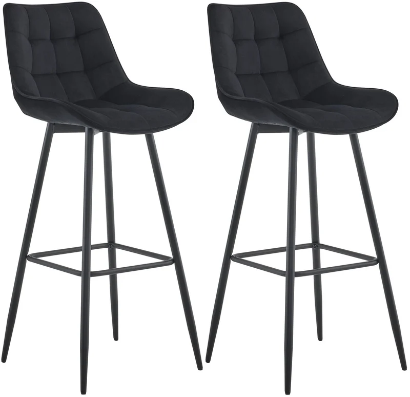 Lot de 2 tabourets de bar coutures décoratives carrées avec repose-pieds en velours noir quatre pieds en métal 10_0006537