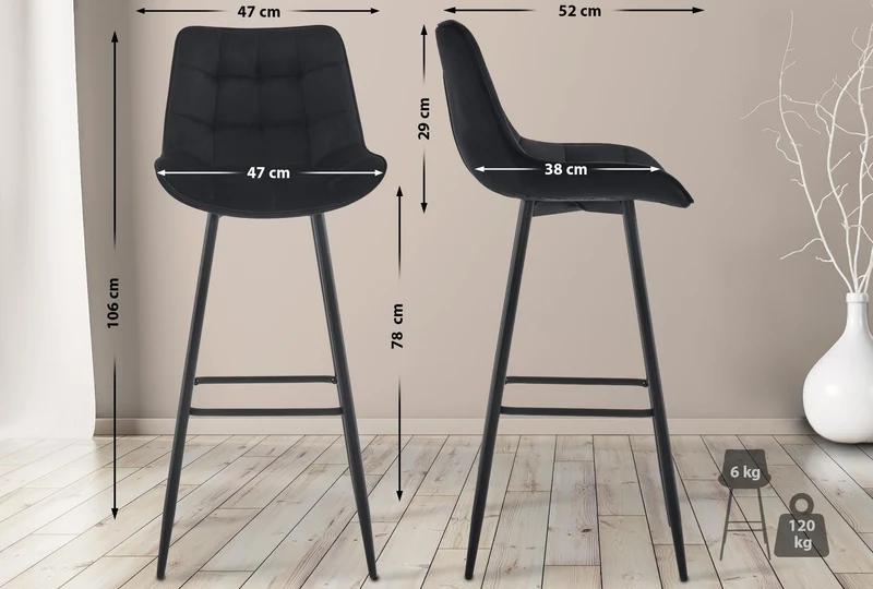 Lot de 2 tabourets de bar coutures décoratives carrées avec repose-pieds en velours noir quatre pieds en métal 10_0006537