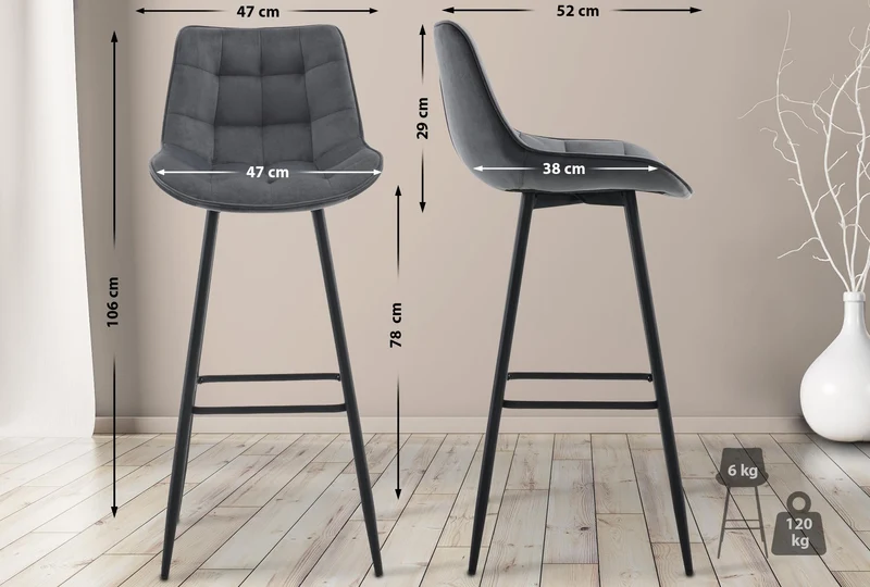 Lot de 2 tabourets de bar coutures décoratives carrées avec repose-pieds en velours gris foncé quatre pieds en métal 10_0006217