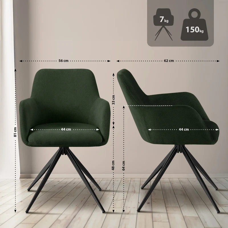 Chaise contemporaine de salle à manger x1 en velours côtelé vert pivotante 180° avec accoudoirs 10_0005549