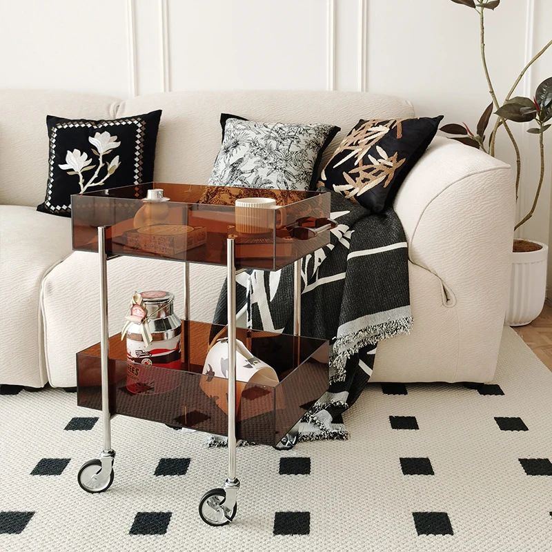 Modern Minimalist Acrylic Stainless Steel Rectangular Round End Table 2-Tier For Living Room