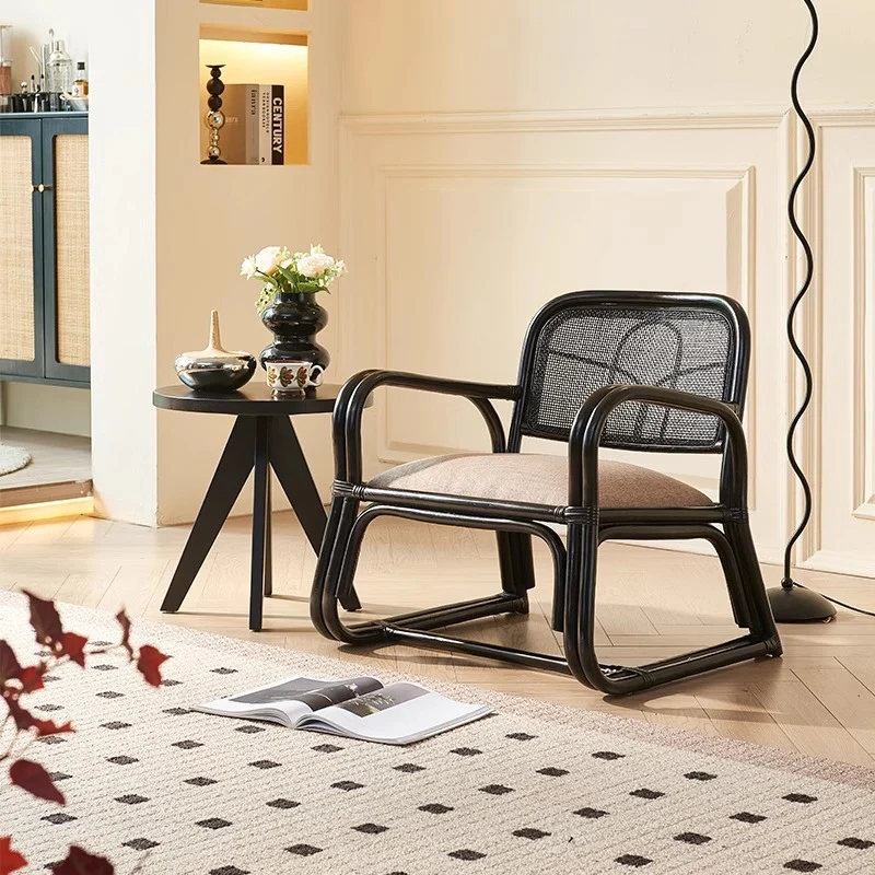 Traditional Japanese Square Velvet Rattan Weaving Sponge Accent Chair Backrest Armrest For Living Room