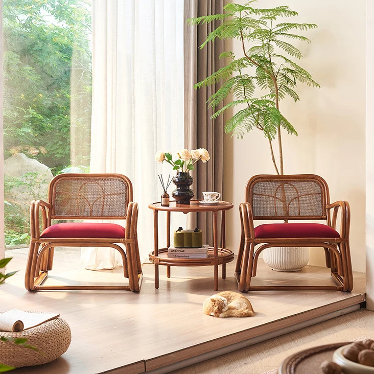 Traditional Japanese Square Velvet Rattan Weaving Sponge Accent Chair Backrest Armrest For Living Room