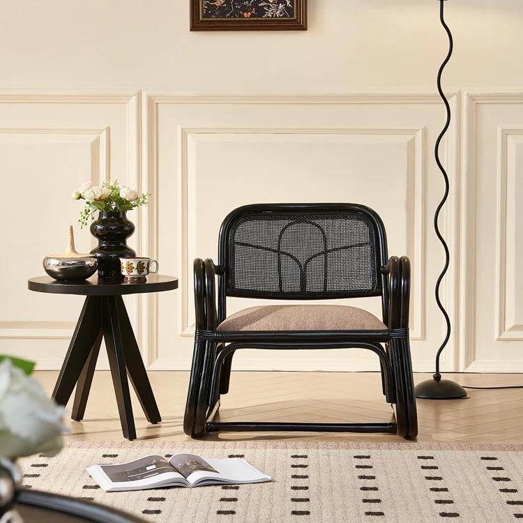 Traditional Japanese Square Velvet Rattan Weaving Sponge Accent Chair Backrest Armrest For Living Room