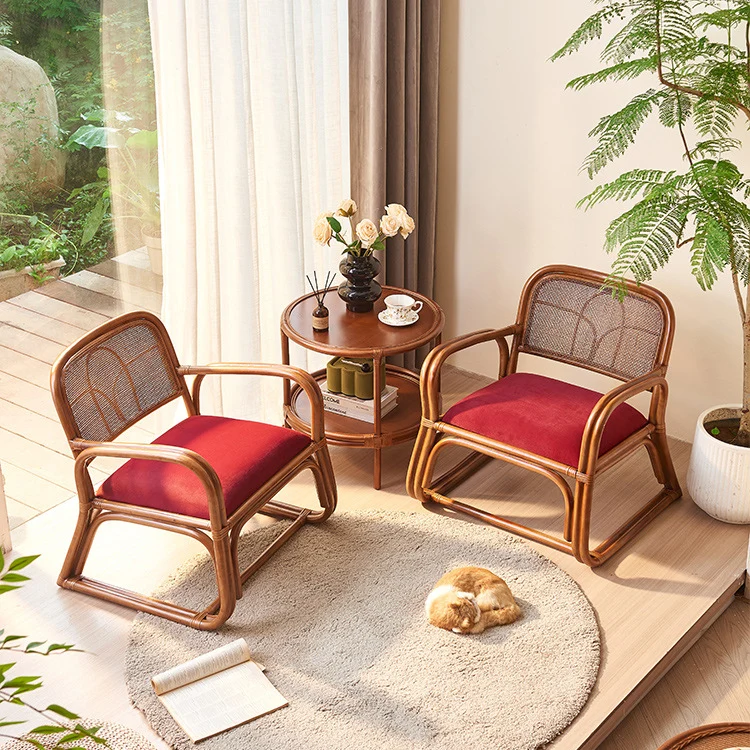 Traditional Japanese Square Velvet Rattan Weaving Sponge Accent Chair Backrest Armrest For Living Room