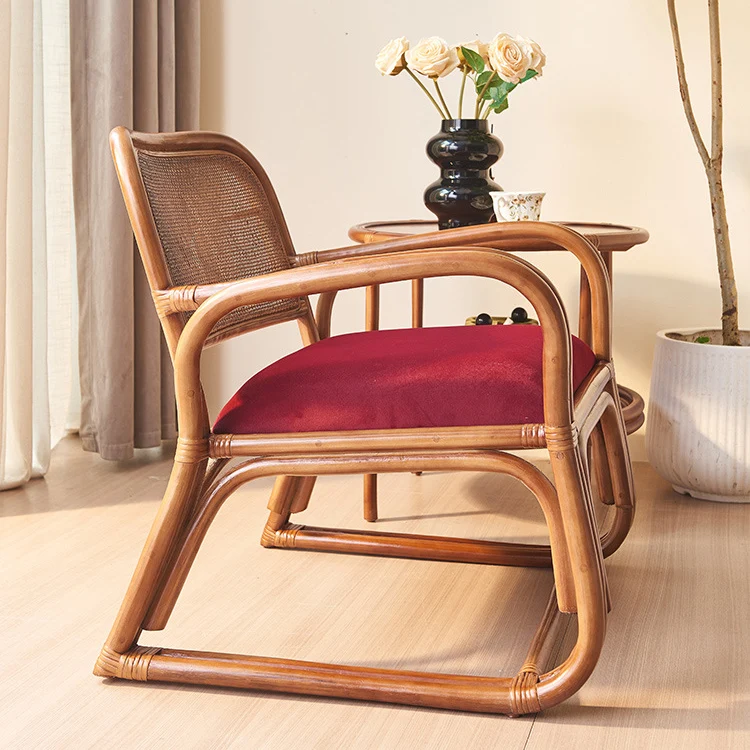 Traditional Japanese Square Velvet Rattan Weaving Sponge Accent Chair Backrest Armrest For Living Room