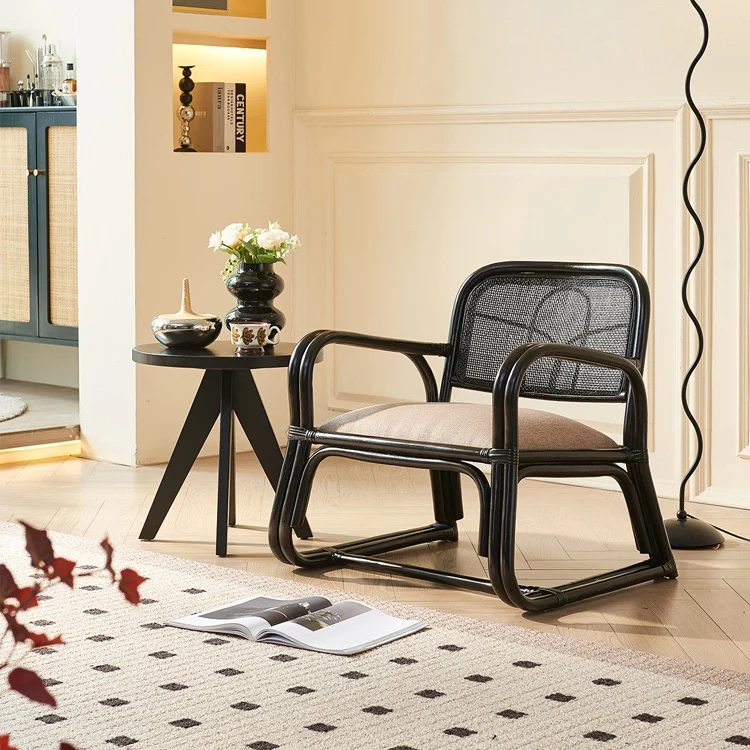 Traditional Japanese Square Velvet Rattan Weaving Sponge Accent Chair Backrest Armrest For Living Room
