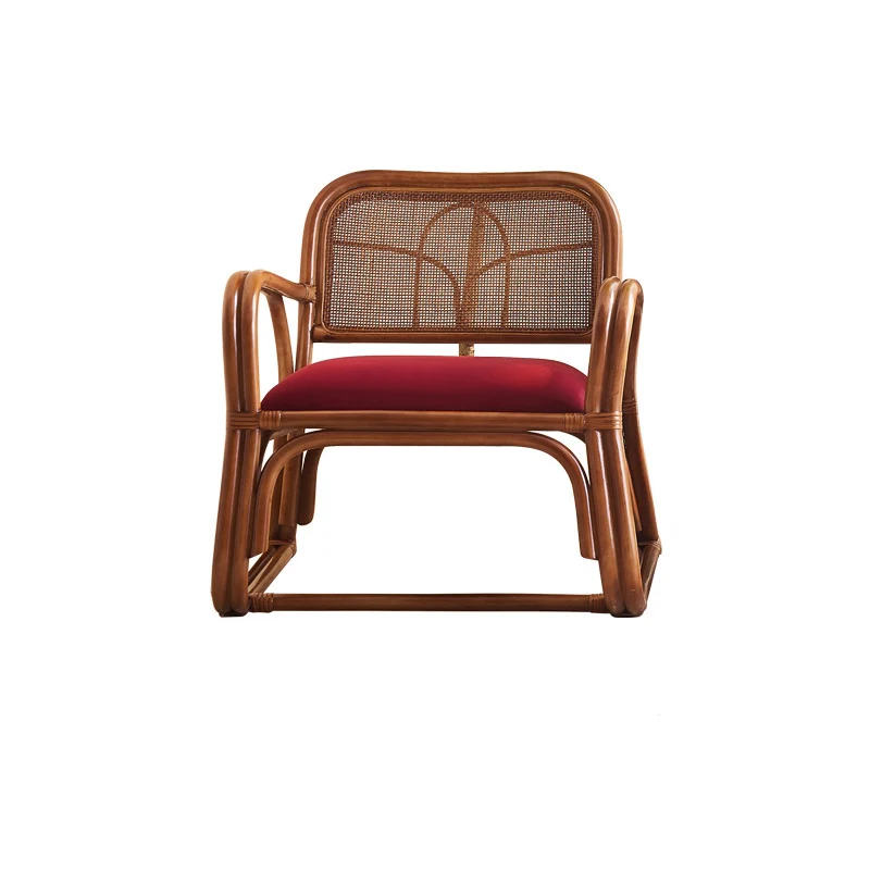 Traditional Japanese Square Velvet Rattan Weaving Sponge Accent Chair Backrest Armrest For Living Room