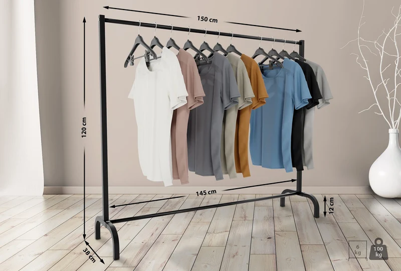Portant à vêtements robuste en métal noir – style industriel sans roulettes 150x38x120 cm 10_0008985