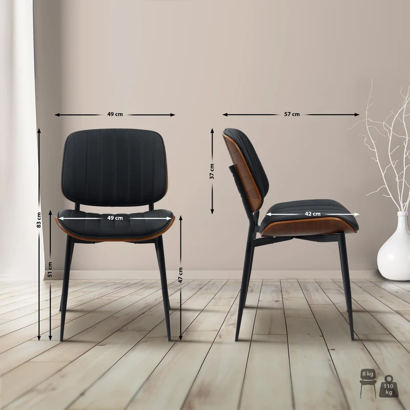 Chaise de salle à manger x1 design en similicuir noir avec bois courbé noyer – Confort et élégance 10_0008384
