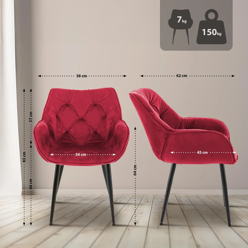 Lot de 4 chaises de salle à manger coutures décoratives en velours rouge et pieds en métal noir 10_0007839