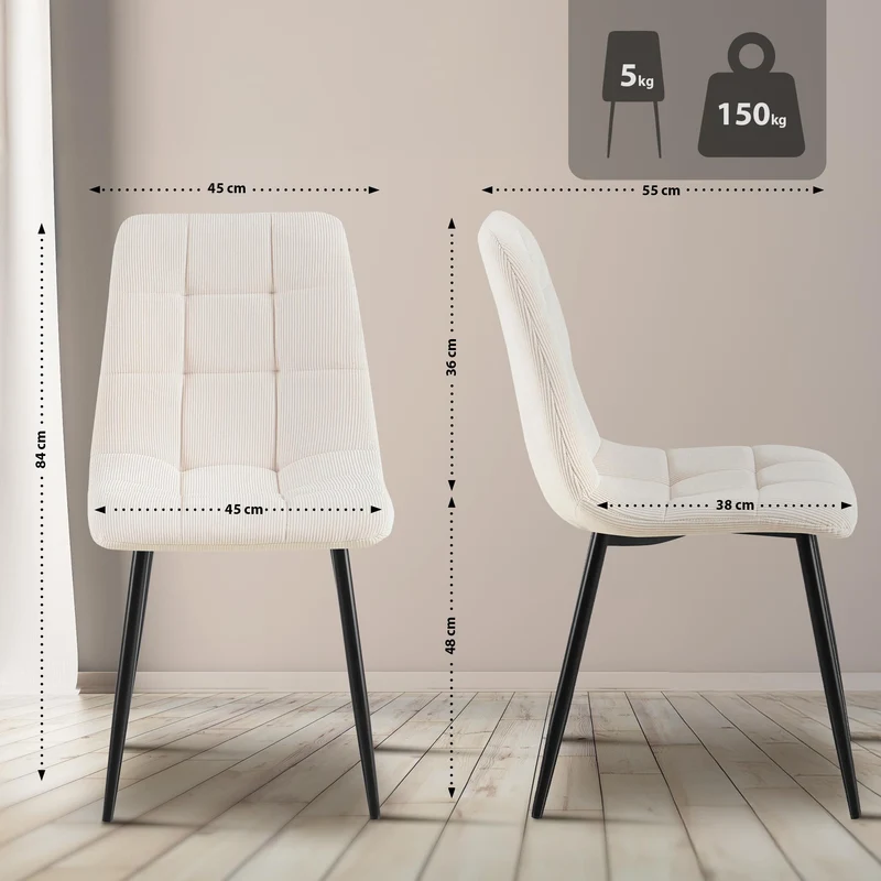 Lot de 4 chaises de salle à manger design en velours côtelé crème à coutures carrées – Pieds métal noirs 10_0007723